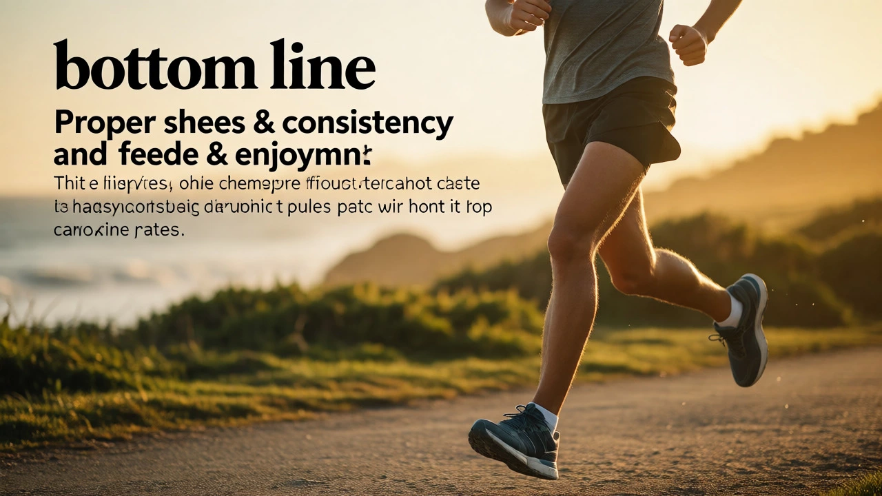 Beginner runner jogging comfortably on a scenic path at sunset