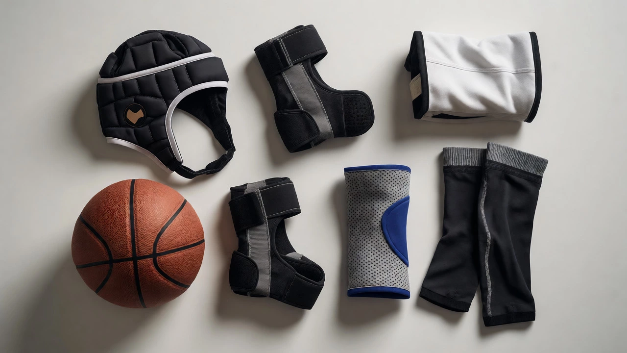 Collection of protective sports gear including caps, braces, and sleeves