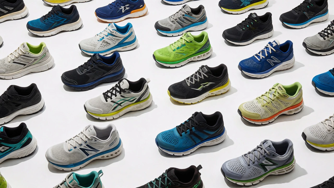 Collection of various running shoes on a white background
