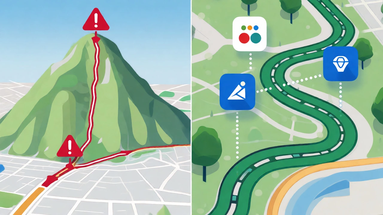 Conceptual illustration comparing steep vs flat cycling routes on Apple Maps