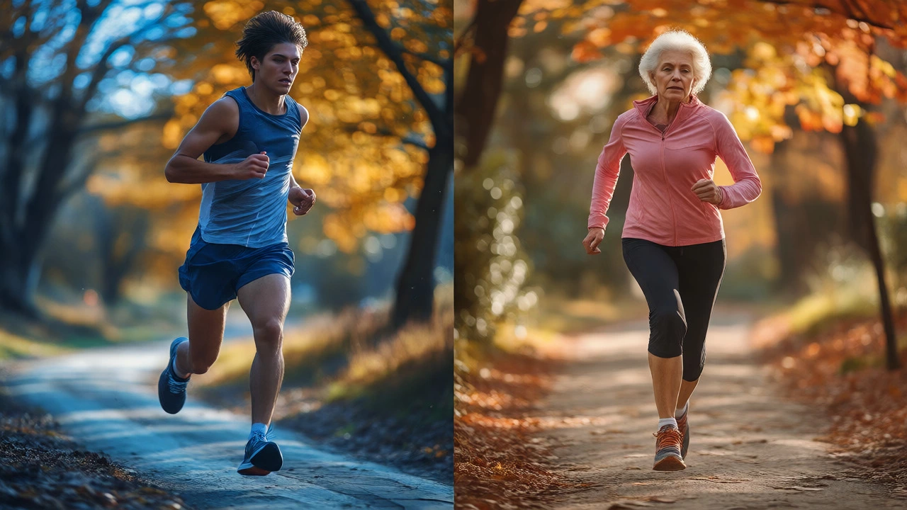 Contrast between a young sprinter and an older steady-paced runner illustrating age-based performance tiers.