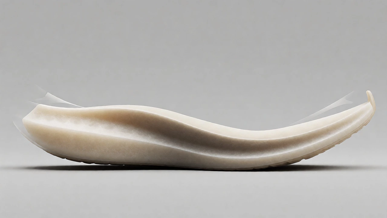 Cross-section diagram showing the curved meta-rocker geometry and layered foam cushioning.