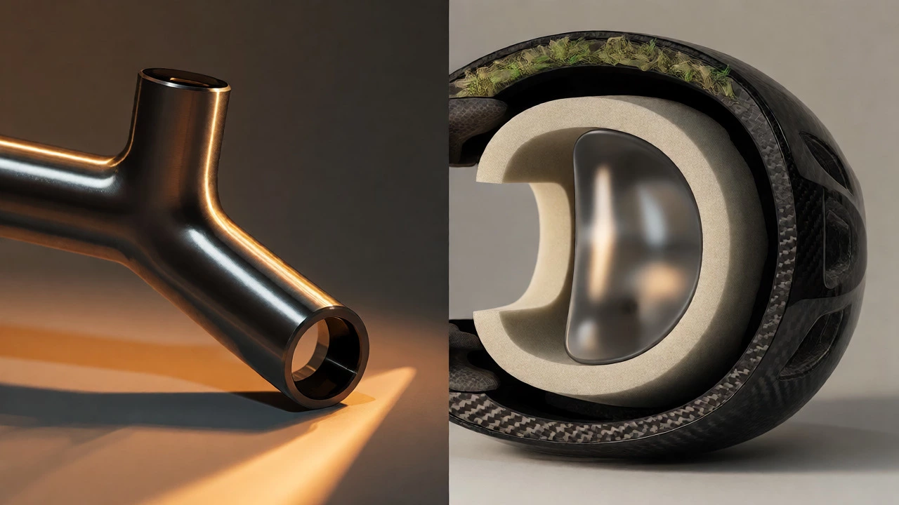 Cross-section of helmet foam layers next to titanium bike part and recycled fibers