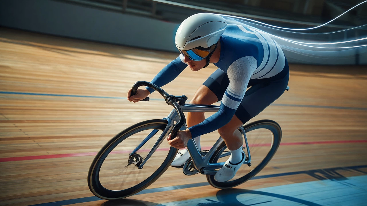 Cyclist in aerodynamic gear leaning into a turn with airflow visualization