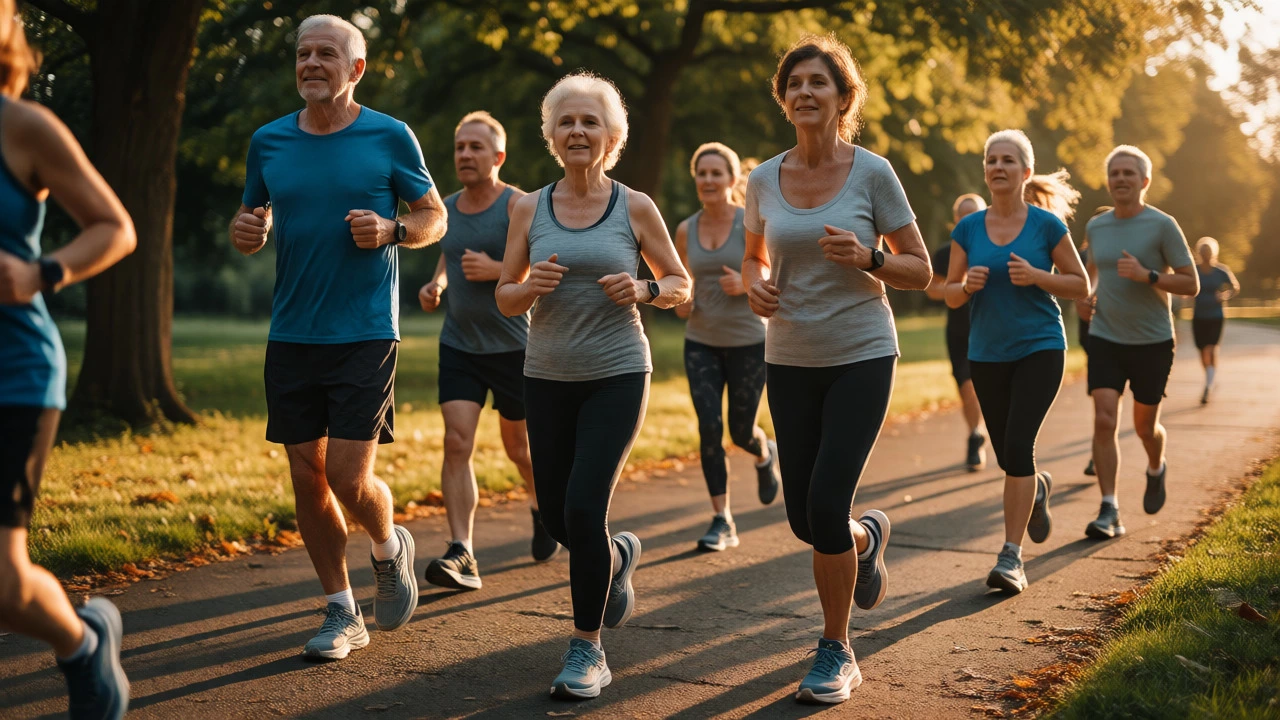 Diverse group of runners smiling and jogging comfortably in a park wearing Hoka shoes.