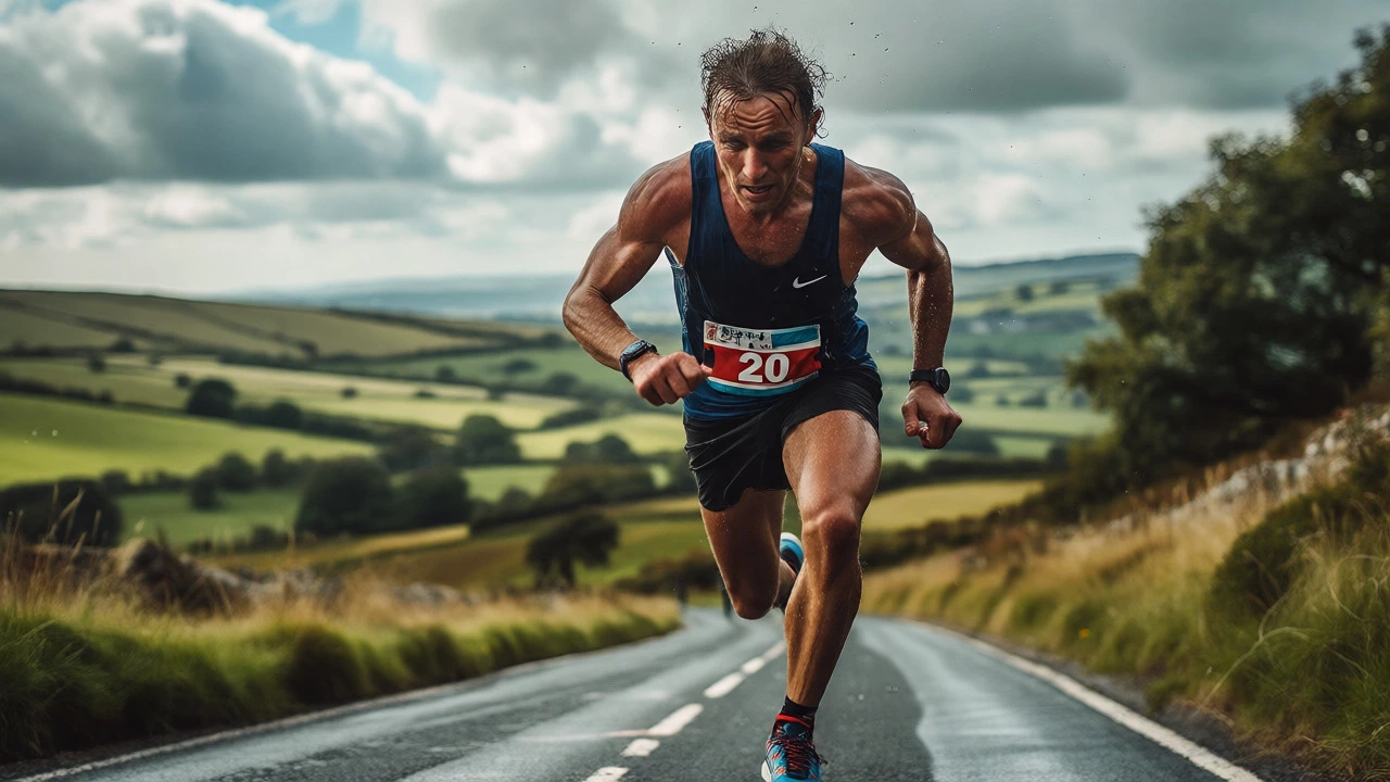 Fatigued runner pushing through pain on a hilly course, depicting the physical challenge of mile 20.