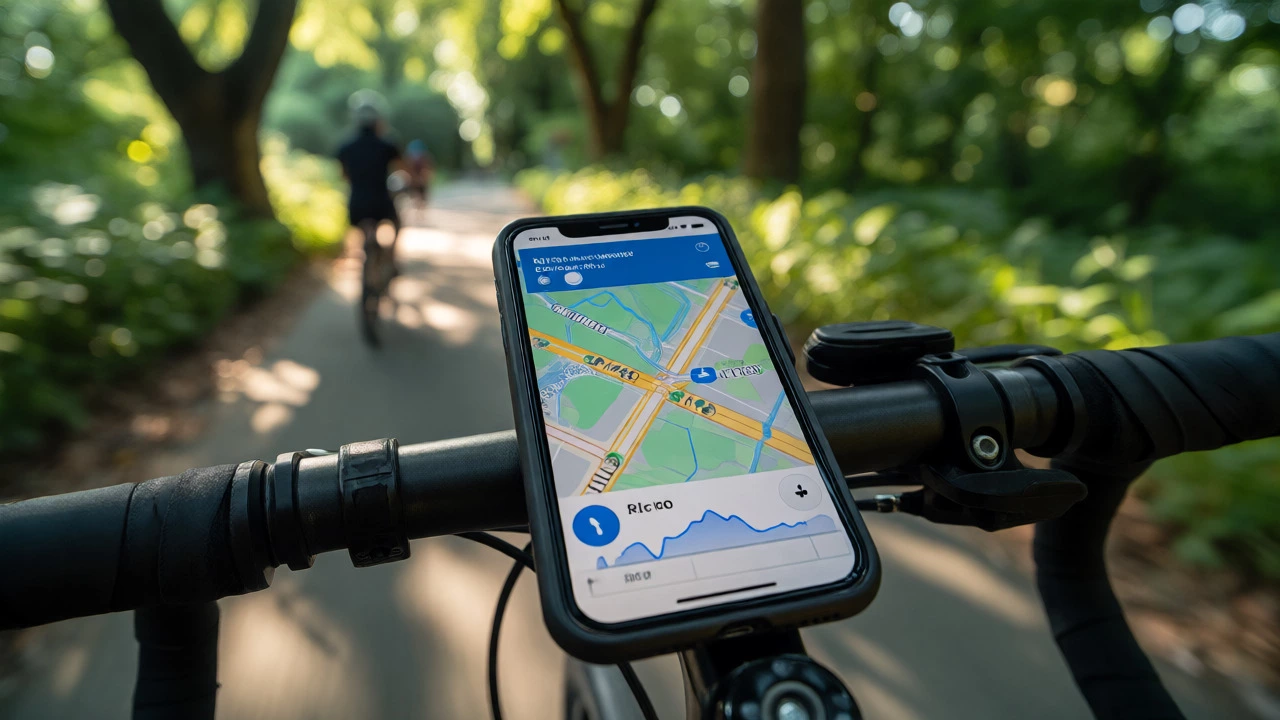 iPhone mounted on bike handlebars showing Apple Maps navigation in park