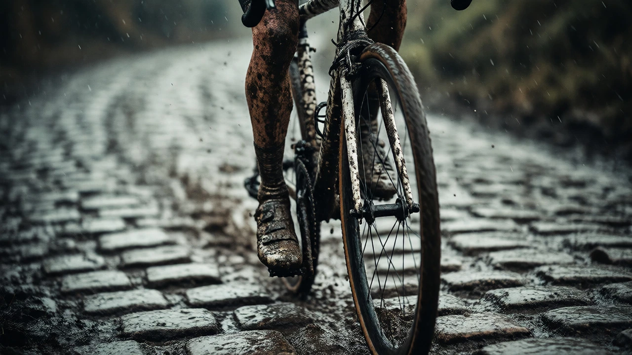 Mud-covered cyclist navigating rough cobblestones during the rainy Paris-Roubaix race.