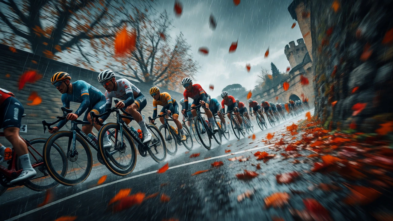 Peloton racing through autumn leaves on a wet, winding road during a classic cycle race.