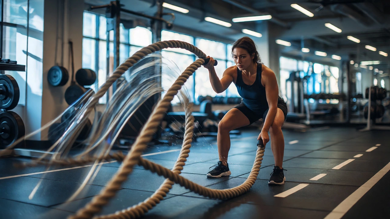 Person vigorously waving battle ropes in a gym