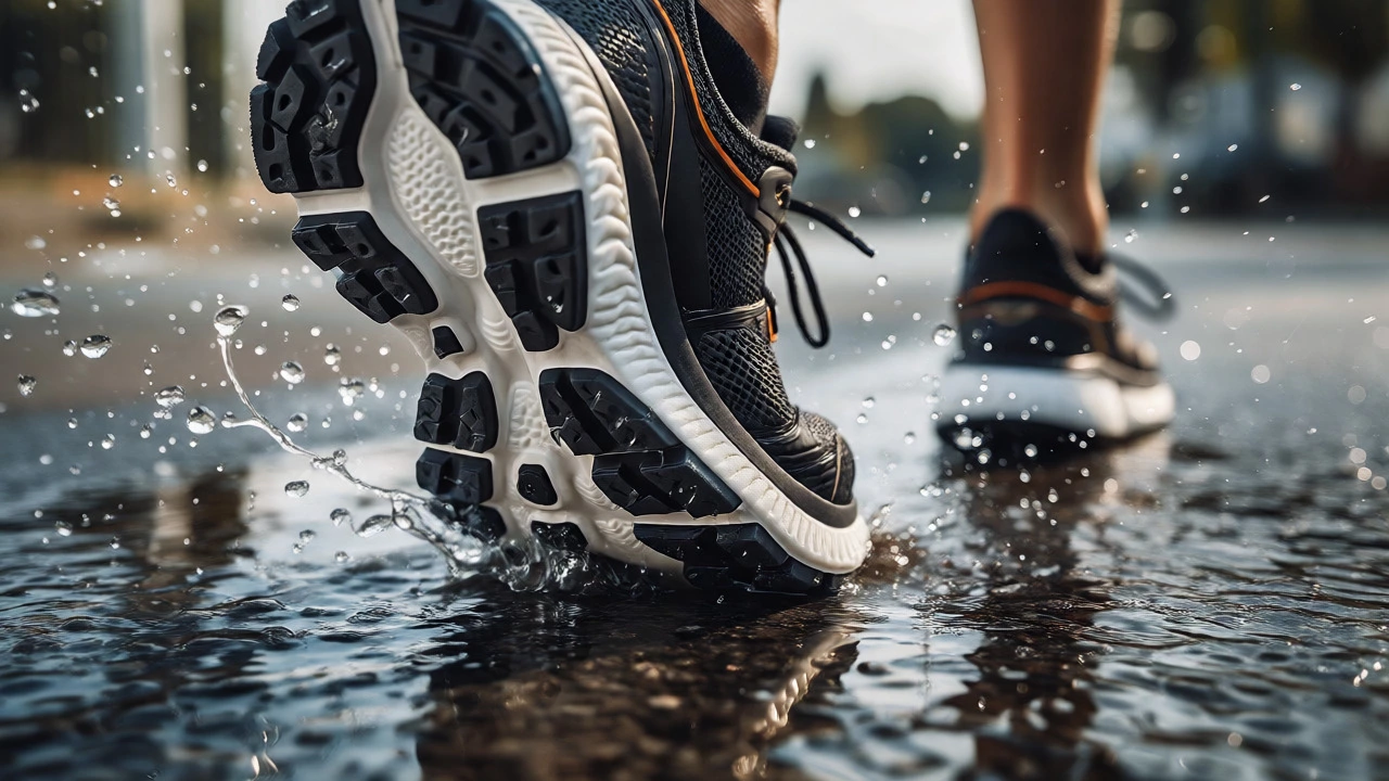 Runner's shoe with rubber sole and EVA foam midsole splashing through puddles