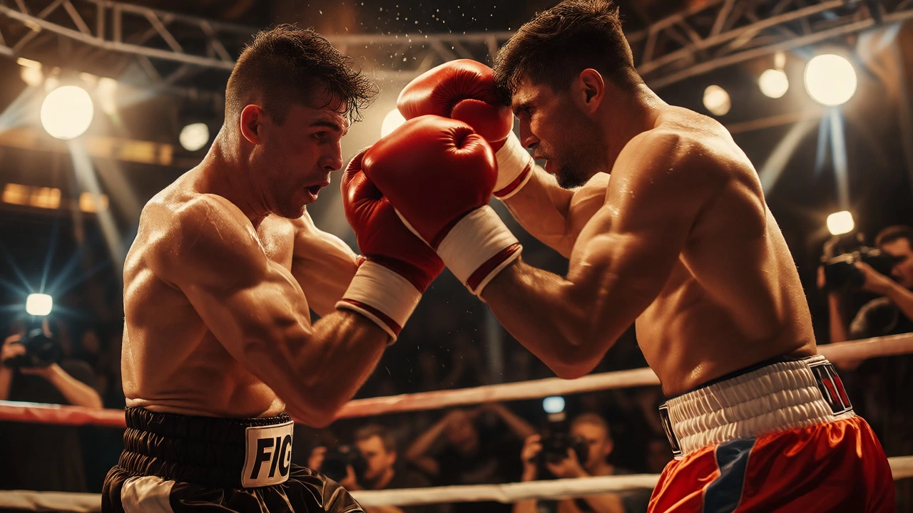 Two boxers exchanging powerful punches in a dynamic, sweat-filled fight scene.