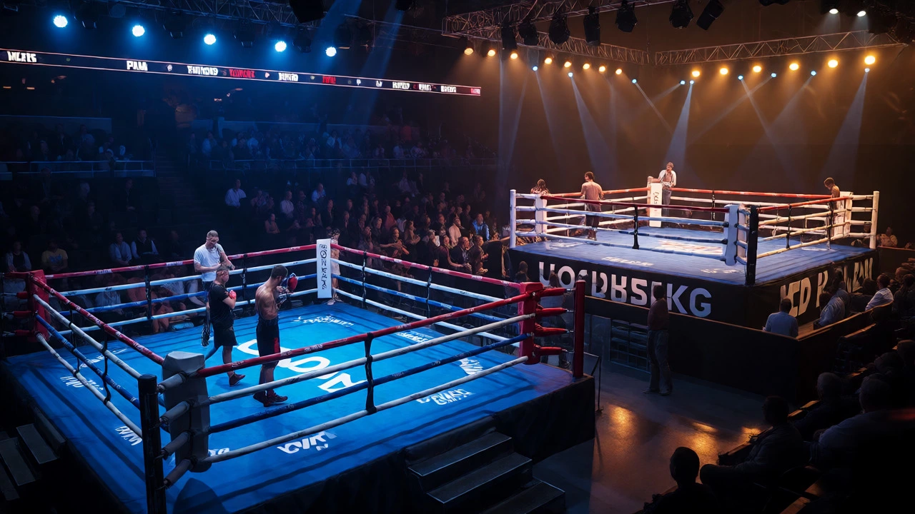 Wide shot of a boxing event card showing undercard activity and the main event ring.